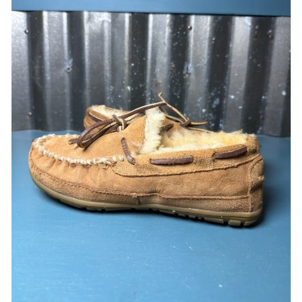 L.L. Bean Kids Wicked Good Moccasin Slippers Suede Shearling Size 1 Tan Brown